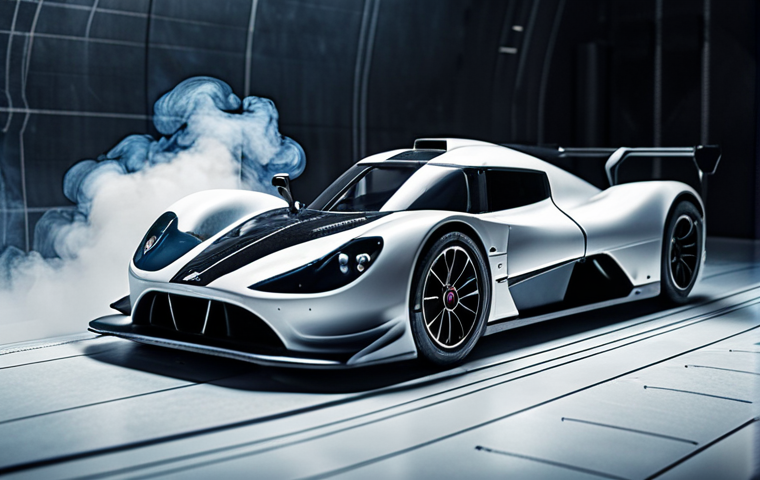 **
"Close-up, dynamic shot of a miniature race car in a wind tunnel, emphasizing aerodynamic lines and lightweight carbon fiber construction. Turbulence visualized with colored smoke. Focus on speed and precision engineering. Background: blueprints and technical diagrams."
**