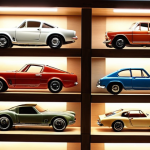 **

A well-lit wall display featuring miniature cars arranged on shelves of varying depths. Some shelves are organized by theme (e.g., vintage cars, race cars). Include subtle LED strip lighting highlighting the cars. The background subtly suggests a living room setting.

**