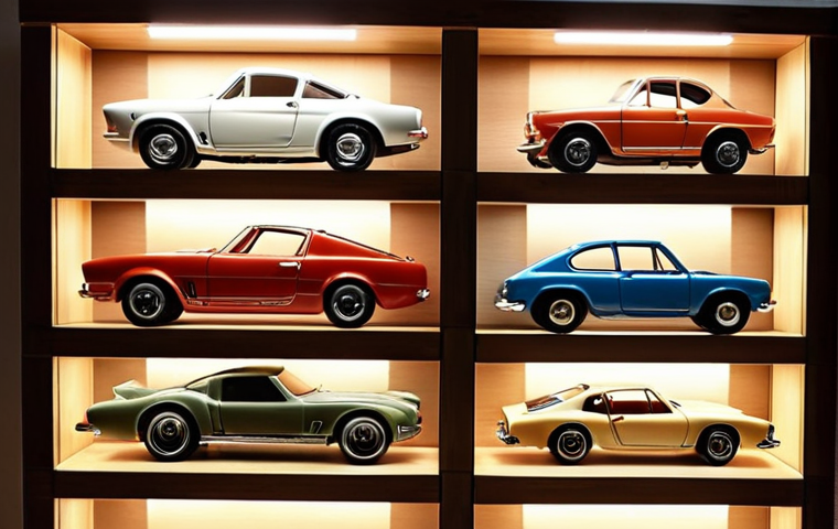 **
A well-lit wall display featuring miniature cars arranged on shelves of varying depths. Some shelves are organized by theme (e.g., vintage cars, race cars). Include subtle LED strip lighting highlighting the cars. The background subtly suggests a living room setting.
**