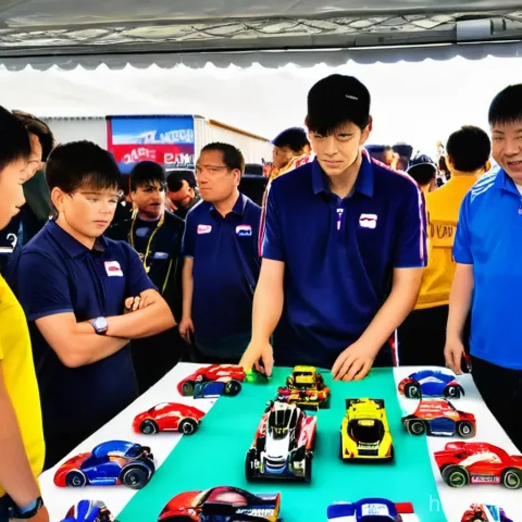 미니카 대회 규칙 이해 - **Prompt:** A bustling Mini 4WD race event in Germany, focusing on the technical inspection area. A ...