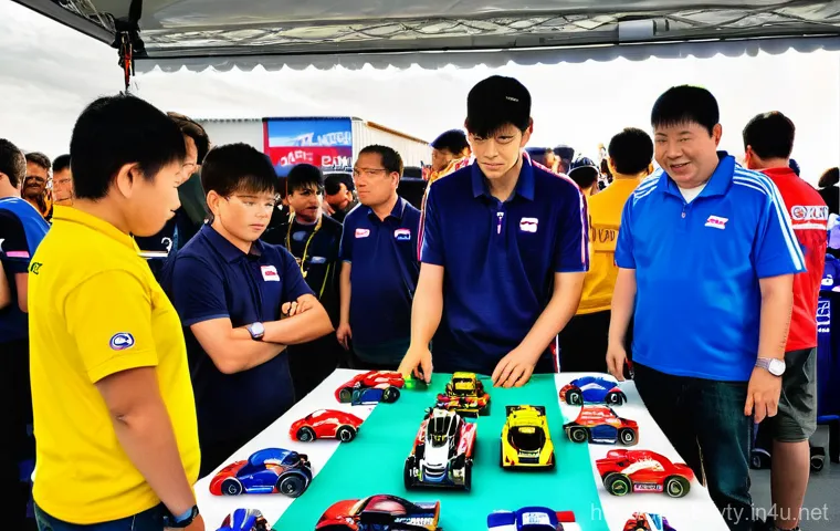 미니카 대회 규칙 이해 - **Prompt:** A bustling Mini 4WD race event in Germany, focusing on the technical inspection area. A ...