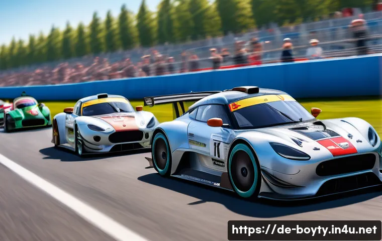 미니카 레이싱 대회 우승 전략 - A highly detailed scene of a competitive minicar race on a tight, curvy German racetrack. The image ...