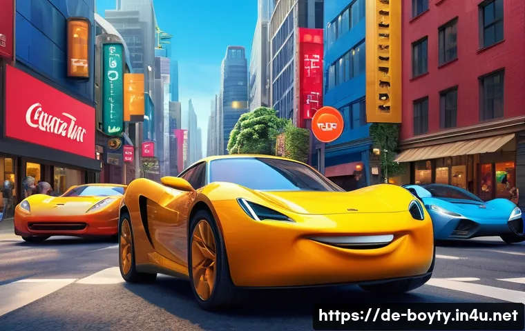 미니카 애니메이션 캐릭터 - A vibrant and detailed animated cityscape featuring miniature cars with lively personalities: Speedy...
