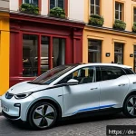 Home 19 미니카 성능 비교 테스트 - A modern compact electric city car parked on a narrow urban street in a vibrant German cityscape, fe...