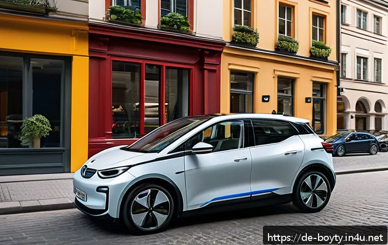 미니카 성능 비교 테스트 - A modern compact electric city car parked on a narrow urban street in a vibrant German cityscape, fe...