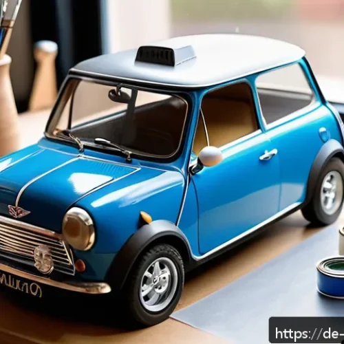 Home 30 미니카 커스텀 도색 가이드 - A close-up scene of a hobbyist’s workspace for painting a Mini-Car model in Germany: well-organized ...