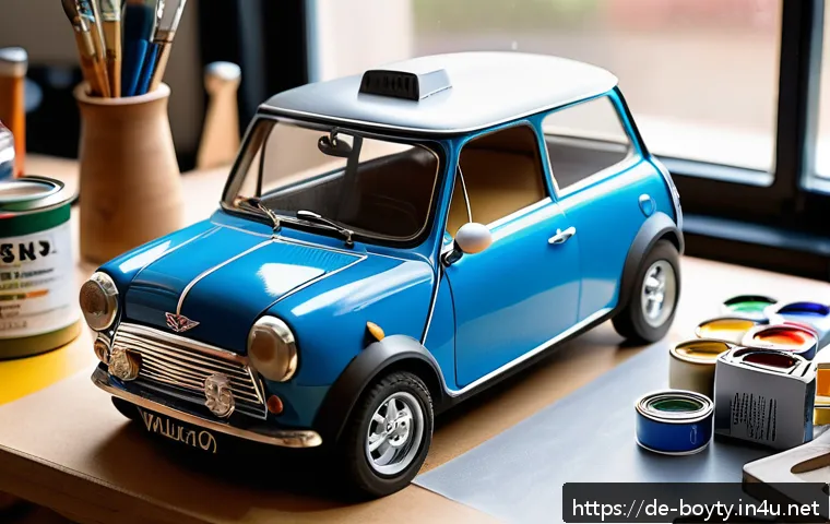 미니카 커스텀 도색 가이드 - A close-up scene of a hobbyist’s workspace for painting a Mini-Car model in Germany: well-organized ...