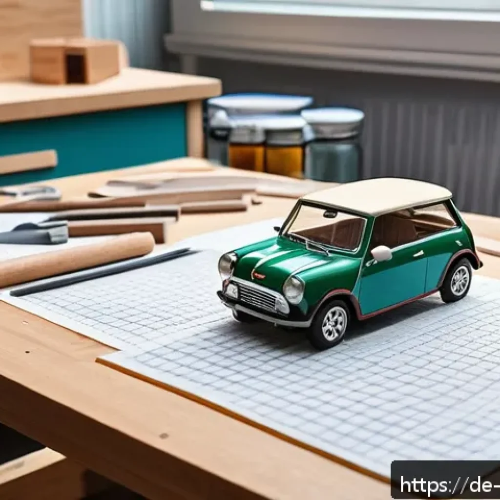 미니카 DIY 제작 - A detailed workshop scene showing a beginner crafting a mini wooden car: various materials like wood...