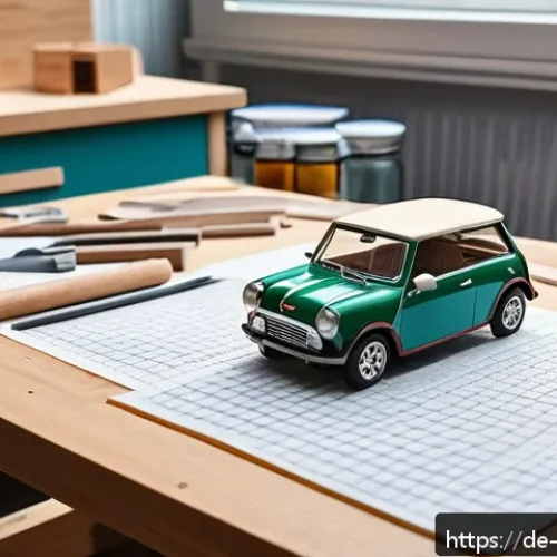 Home 17 미니카 DIY 제작 - A detailed workshop scene showing a beginner crafting a mini wooden car: various materials like wood...