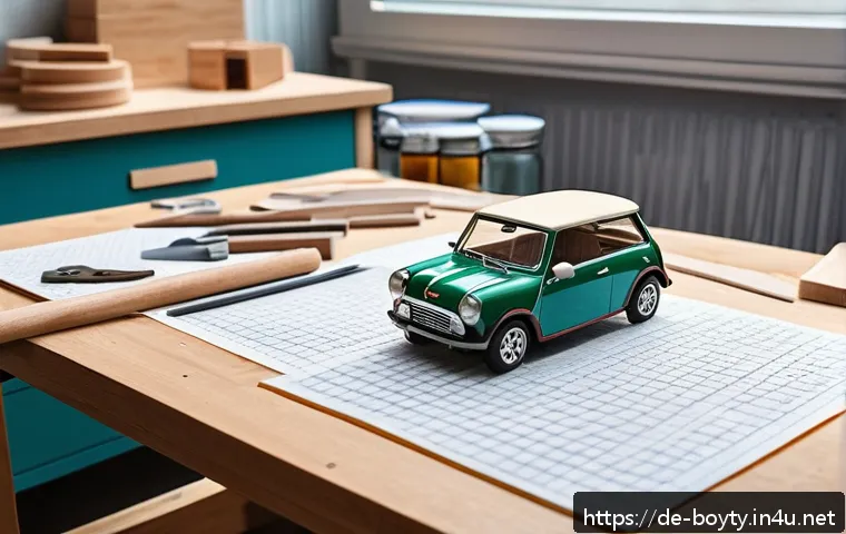 미니카 DIY 제작 - A detailed workshop scene showing a beginner crafting a mini wooden car: various materials like wood...