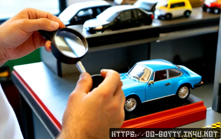 Home 17 미니카 구매 시 유의사항 - Photorealistic close-up of a German collector carefully inspecting a small die-cast model car at a t...