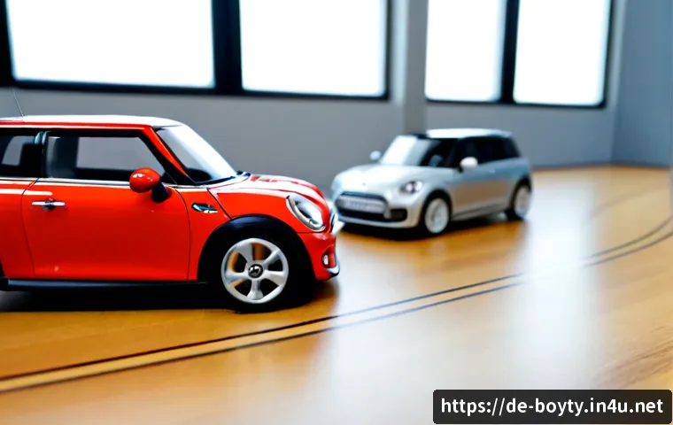 미니카 속도 비교 실험 - Photorealistic indoor mini car speed comparison experiment on a long smooth wooden track, two small ...