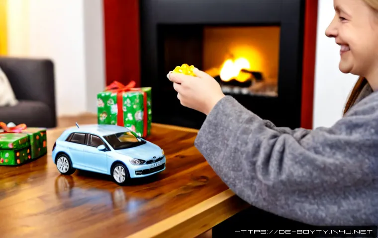 미니카 선물로 적합한 이유 - Photorealistic cozy German family living room on a winter afternoon, a cheerful child opening a smal...