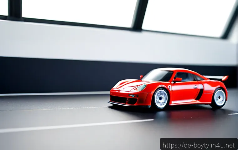 Home 15 미니카 속도 테스트 방법 - Photorealistic miniature car speed test on a clean indoor racing track, a small unbranded red model ...